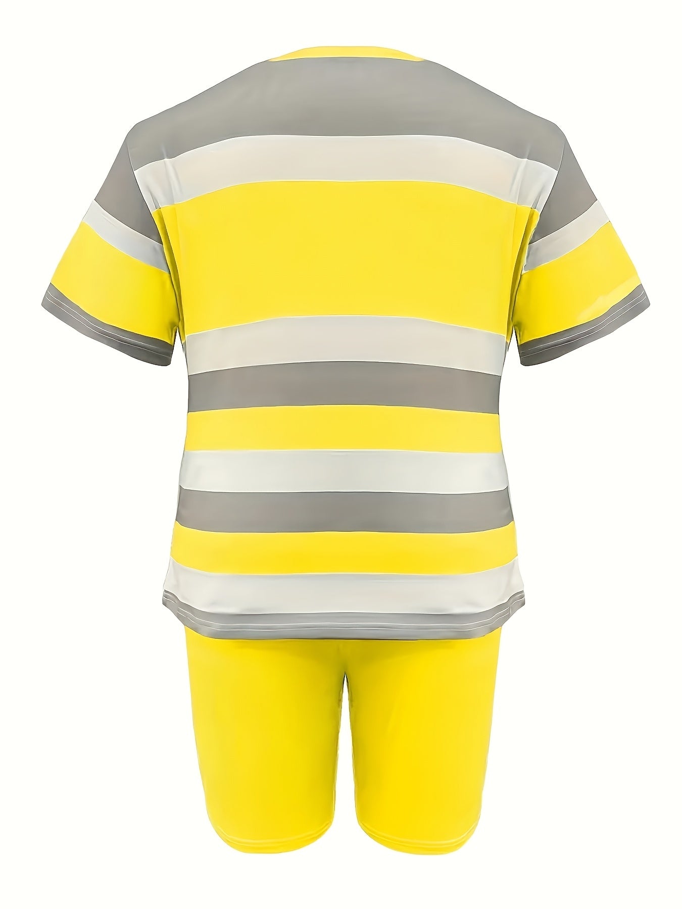 Women'S Casual Striped Short-sleeve Shorts Set, Featuring A Mix Of Floral And Striped Prints, With Pockets On The Shorts.