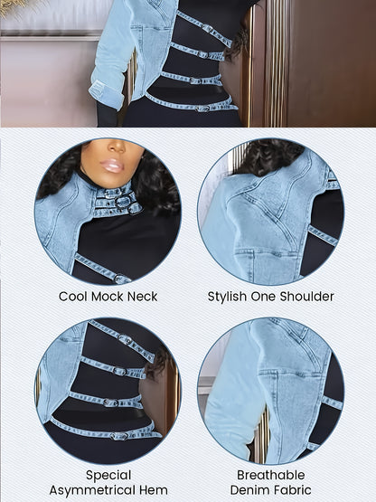 Denim Jacket for Plus-Size Women, Featuring a Patchwork Design, with an Asymmetrical One-Shoulder Cut And a Short Style