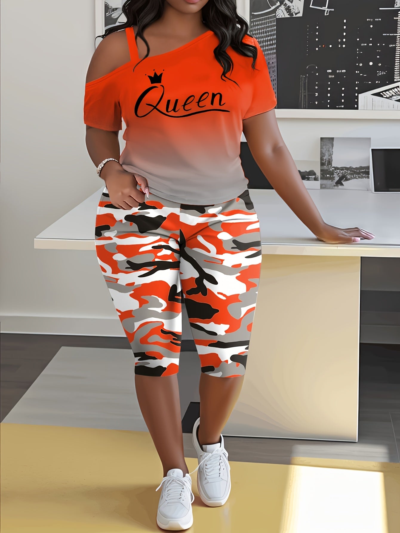 Plus Size - Ladies Fashion Daily Casual Suit, Diagonal Shoulder Camisole Gradient Letter Print Top + Camouflage Capri Pants Design.