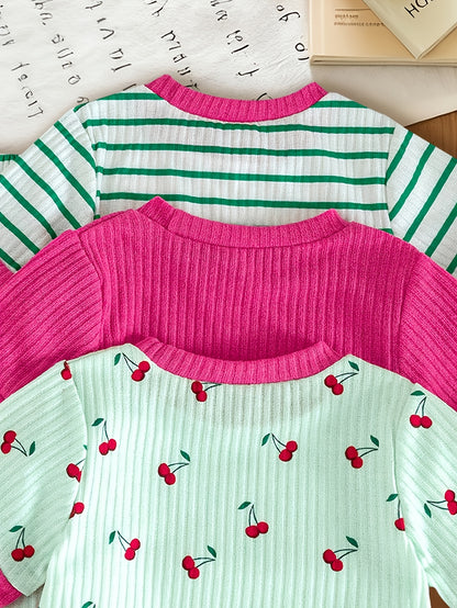 6pcs Set Of Girls' Summer New Cherry Fruit Pattern Short-sleeve And Shorts Comfortable Outfit, Perfect for Outdoor