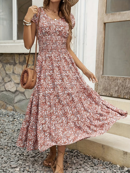 Floral V-Neck Dress for Women - Blossom Chic, Soft & Breathable Polyester, Machine Washable, Easy Care, Perfect for Spring, Summer, and Fall Occasions, Casual Attire, and Outdoor
