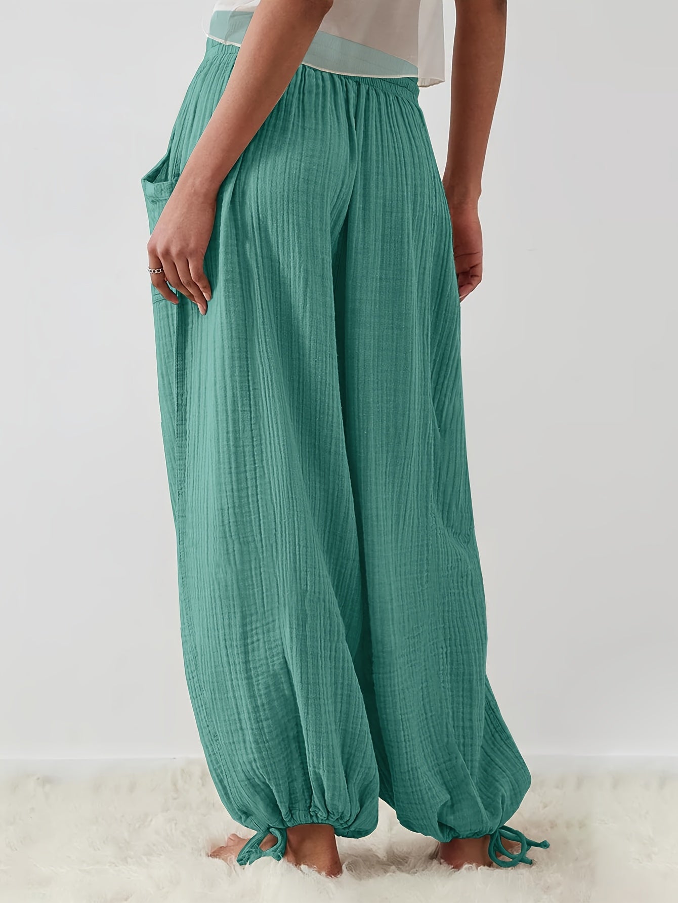 Autumn And Winter Women's Casual Pants, Khaki, Pockets, Wide Legs, Drawstring, Loose Fit, Everyday Commuting Wide-leg Pants.