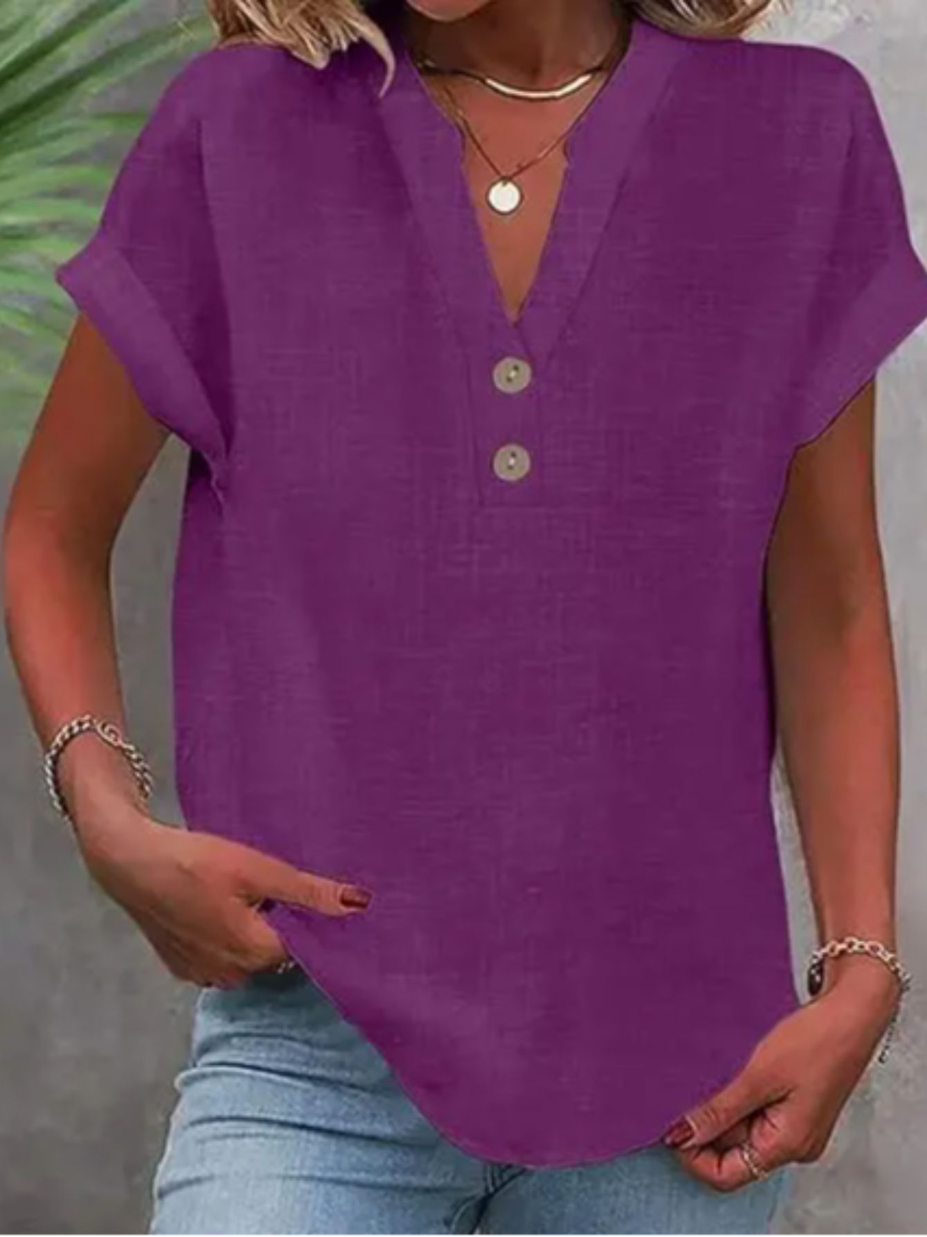 ZOELNIC Women's V-Neck Button-Front Placket T-Shirts - Short Sleeve Casual Summer Tops, Breathable Daily Wear Shirts Suitable for Spring/Summer, Solid Color Casual Wear, Machine Washable (No)