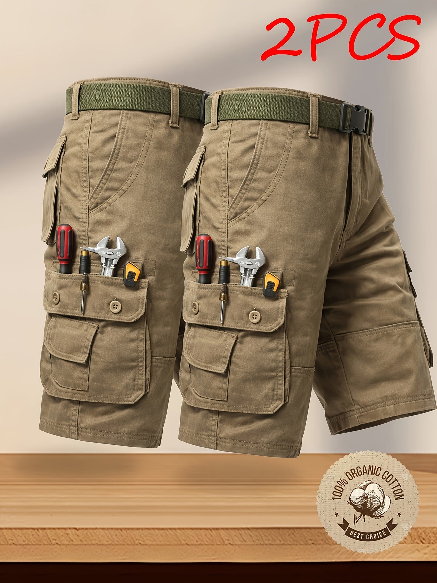 2-Pack Men'S New Multi-Pocket Work Shorts, 100% Pure Skin-Friendly And Breathable Fabric, Running, Travel, And Hiking Shorts, Wrinkle-Resistant And Durable Shorts
