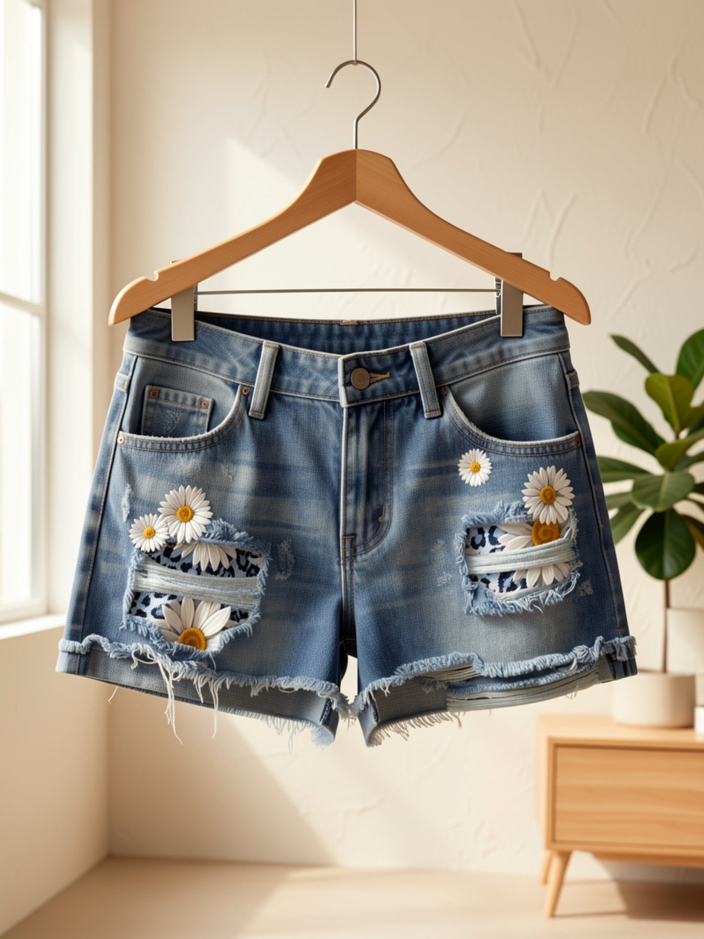 Womens Daisy Embroidered Distressed Denim Shorts Blue Leopard Print Patchwork Ripped Jean Shorts Mid Rise Frayed Hem Casual Summer Hot Pants for Beach Vacation Music Festival Boho Streetwear Chic Denim Cut Offs