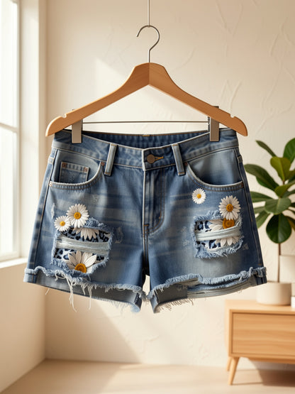 Womens Daisy Embroidered Distressed Denim Shorts Blue Leopard Print Patchwork Ripped Jean Shorts Mid Rise Frayed Hem Casual Summer Hot Pants for Beach Vacation Music Festival Boho Streetwear Chic Denim Cut Offs