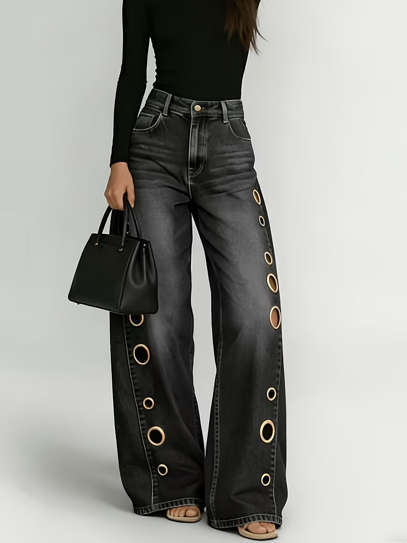[Retro Denim Jeans] New Retro Style Denim Jeans for Women, With Metal Eyelets Designed for Casual And Loose Fit, High Waisted And Wide Leg Jeans, Street Cool Women's Clothing, Black Retro Blue Light Blue Women's Straight Leg Denim Pants