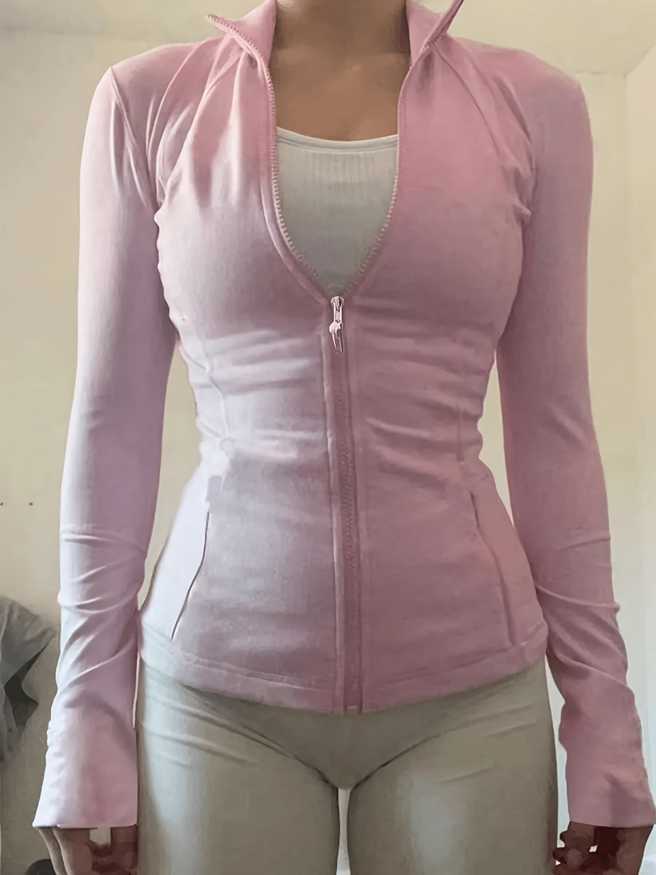 Women'S Athletic Stand Collar Zip-Up Long Sleeve Slim Jacket Waist-Cinching Fitness Casual Sport Top