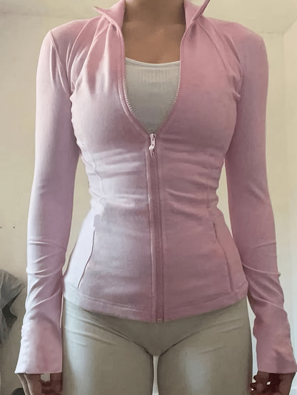 Women'S Athletic Stand Collar Zip-Up Long Sleeve Slim Jacket Waist-Cinching Fitness Casual Sport Top