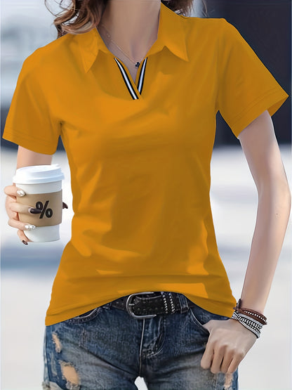 Women'S Casual V-Neck T-Shirt - Summer Short Sleeve Solid Color Top with Striped Collar & Waist Ribbon Detail, Machine Washable Regular Fit for Casual Attire, Comfortable Daily Tee, Stylish Ribon Detail, Smooth Fabric Tee