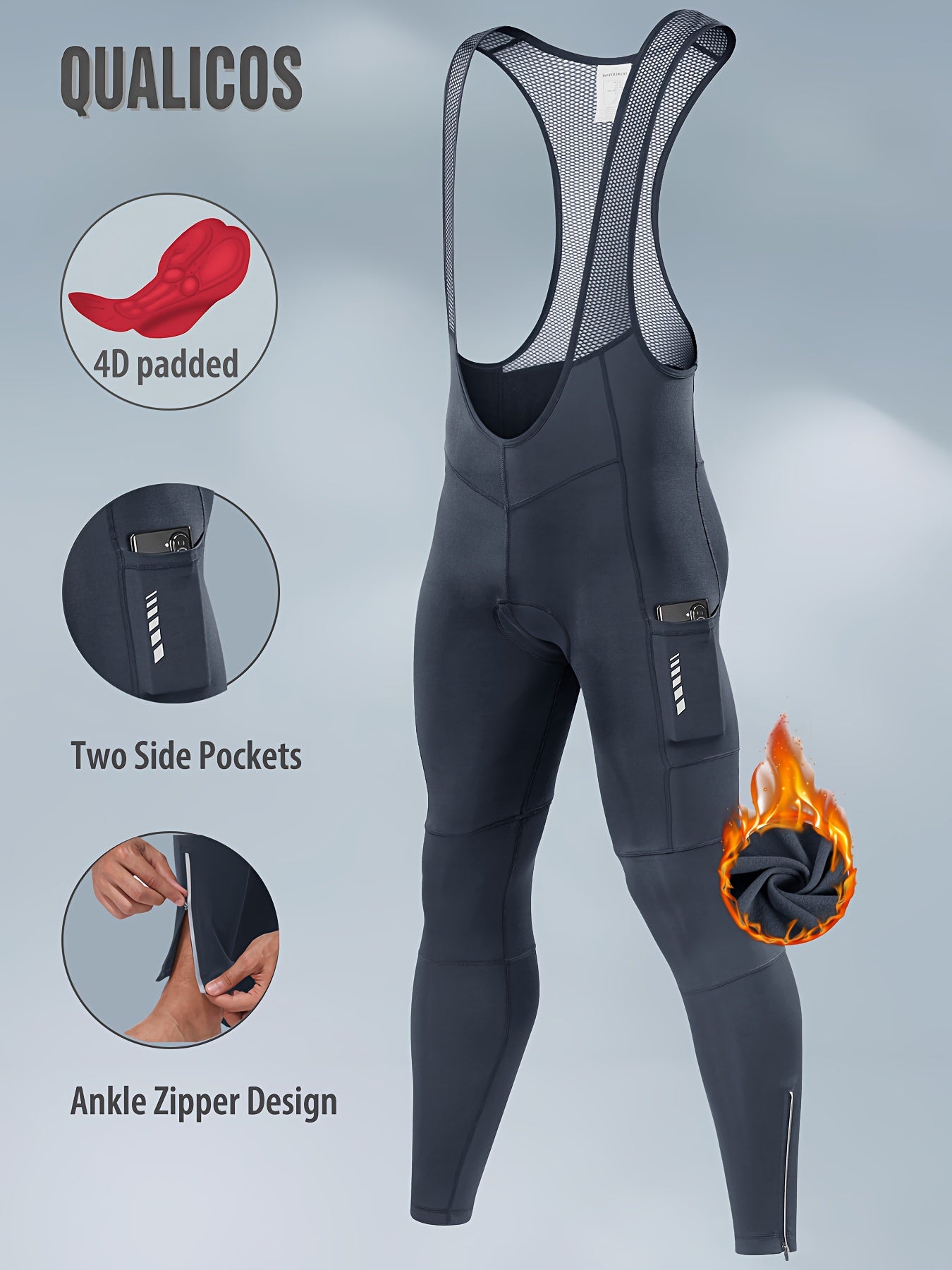 QUALICOS Men'S Insulated Cycling Bib Tights - Cold Weather Pants Featuring Fleece Lining, Shock-Absorbing Padding, Stretchy Mesh Material, Side Pockets & Ankle Zippers - Form-Fitting Bike Leggings for Winter Cycling, Running, And Commuting - Black