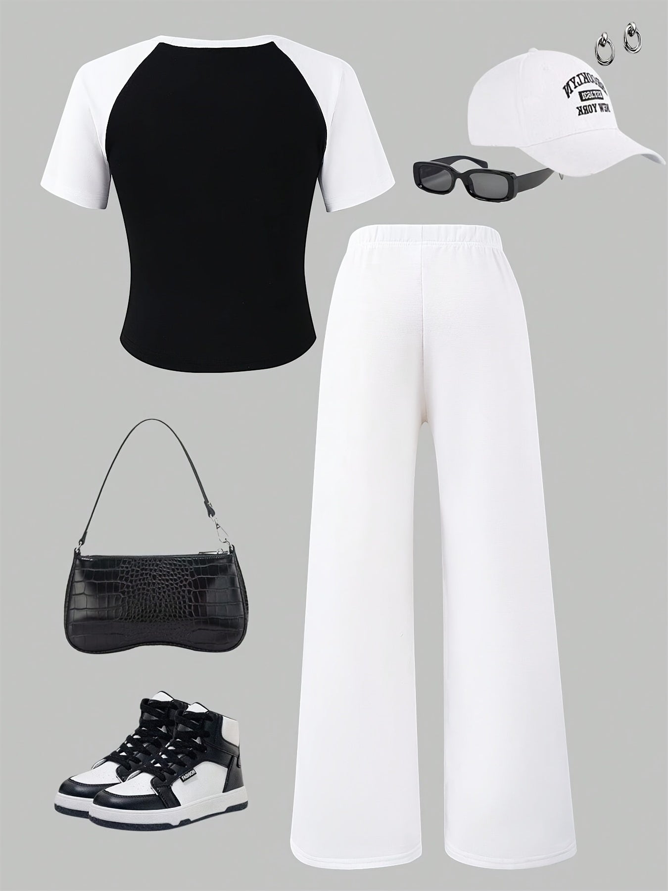 Girls' 2pcs Wide-Leg Pants Set/ Black Raglan Crop Tee with White Sleeves Star Print Matching White Printed Sweatpants Elastic Waist/ 4th Of July Casual Daily School Summer Vacation Outfit/ Kids Clothes Girls Teen Girl Clothes Pants Girls' Wide-leg