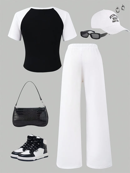 Girls' 2pcs Wide-Leg Pants Set/ Black Raglan Crop Tee with White Sleeves Star Print Matching White Printed Sweatpants Elastic Waist/ 4th Of July Casual Daily School Summer Vacation Outfit/ Kids Clothes Girls Teen Girl Clothes Pants Girls' Wide-leg