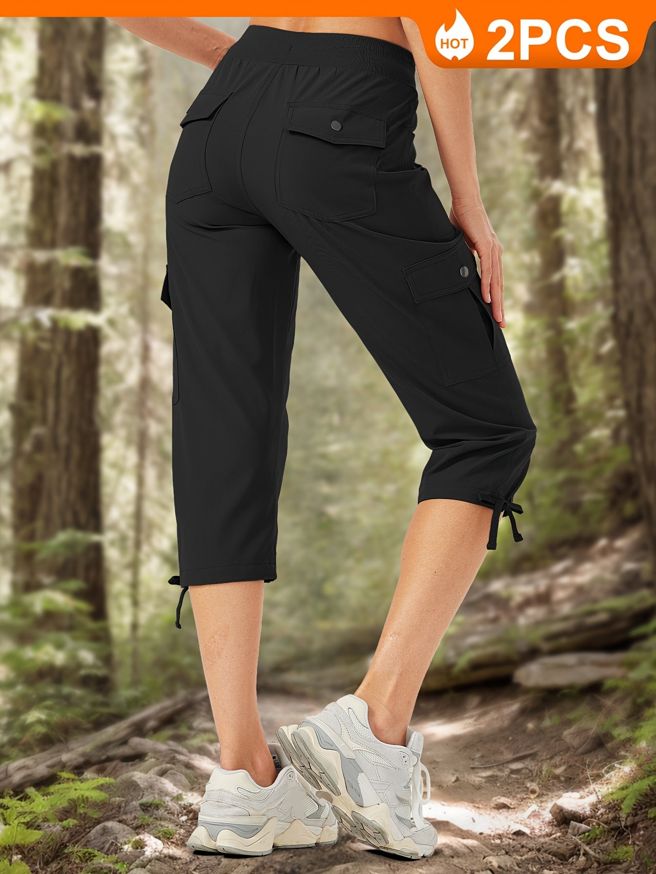 2pcs Women'S Cargo Capris Hiking Pants 50+ Quick Dry Outdoor Athletic Travel Lightweight Casual Loose Comfy Cute Pockets