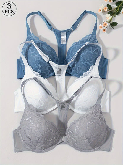 3pcs Front Closure Lace Patchwork Bras for Women with Underwire, Push-Up, Anti-Sagging, Sexy Back Design, Suitable for Dating