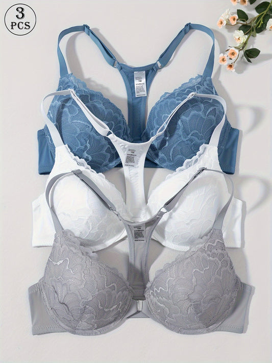 3pcs Front Closure Lace Patchwork Bras for Women with Underwire, Push-Up, Anti-Sagging, Sexy Back Design, Suitable for Dating