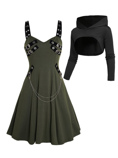 Rock Gothic Metal Piece Decorated V-Neck Vest Dress with Hooded Long Sleeve Top Two-Piece Set, Unique Gothic Style Detachable Chain Vest Skirt and Curved Hem Caped Long Sleeve Shirt, Versatile Separates Women's Outfit for Party and Casual Wear