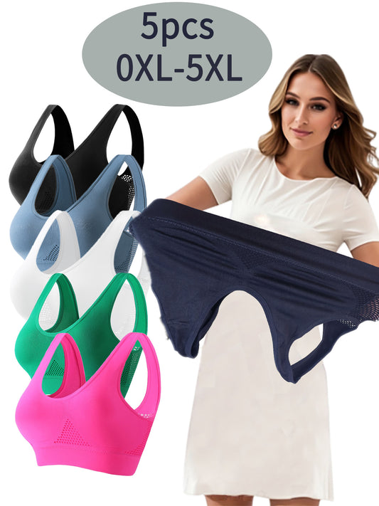 5pcs Plus-Size Shockproof Sports Bras, Women's Solid Color Full-Cup Seamless Tank Tops, Stretchy Multi-Functional Bras for Fitness, Running & Yoga