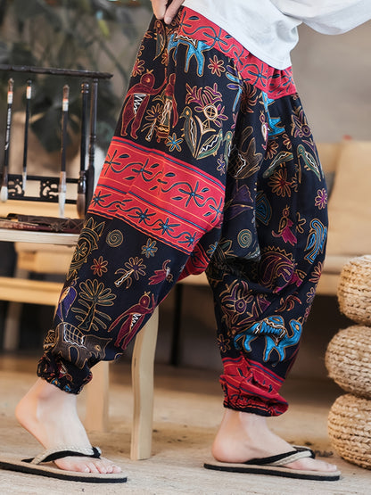 Men'S Stylish 100% Loose Colorful Fans Pattern Pants with Pockets, Casual Breathable Comfy Trousers for City Walk Street Hanging Outdoor Activities