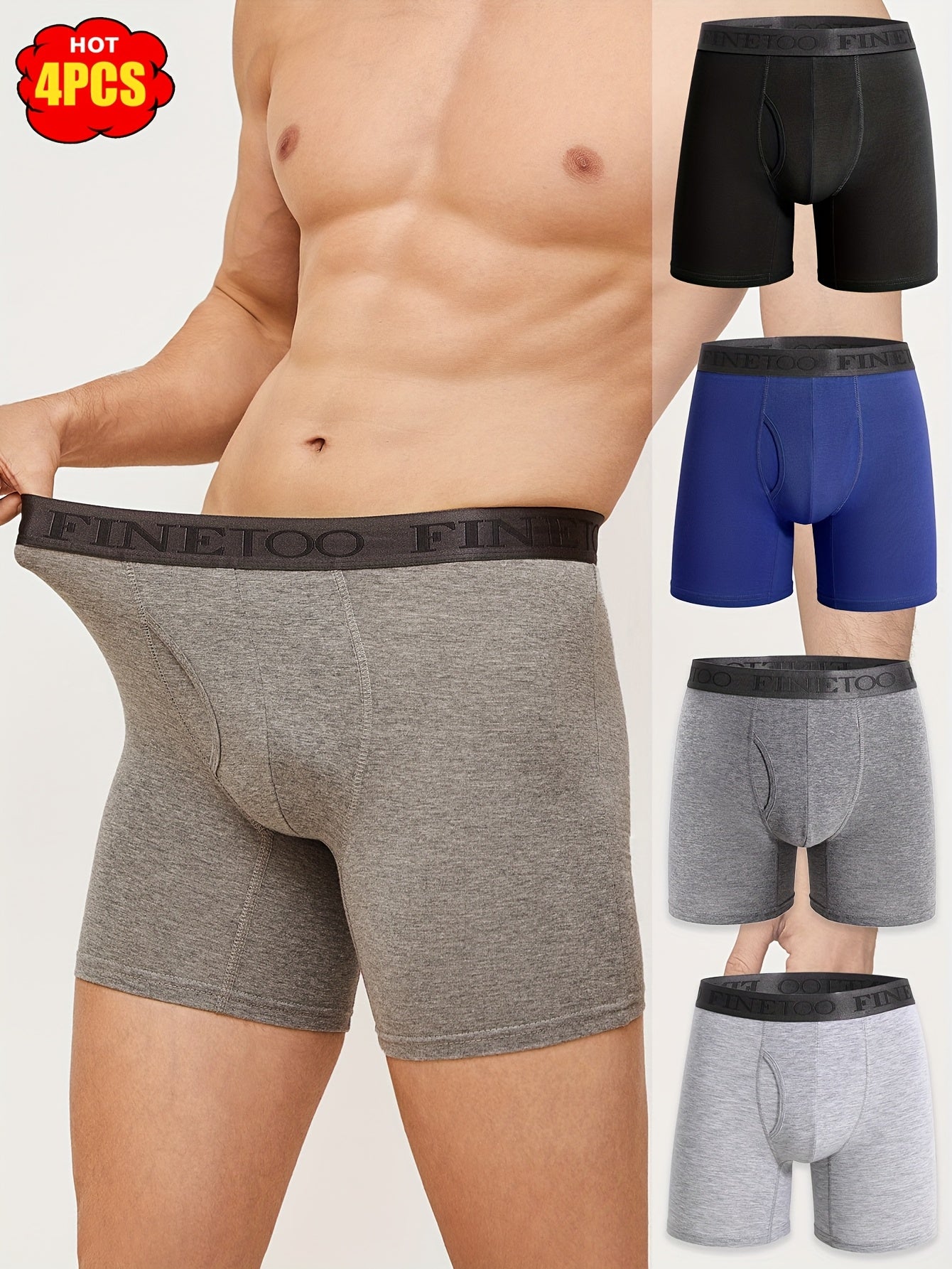 4pcs Men'S Boxer Briefs with "DO IT" Waistband - Breathable, Stretchy Cotton Underwear in Gray, Navy Blue, and Black - Casual & Sporty Design for Daily Commuting, Comfortable Fit, Everyday Underwear | Sporty Underwear | Elastic Waistband, Boxer Shorts