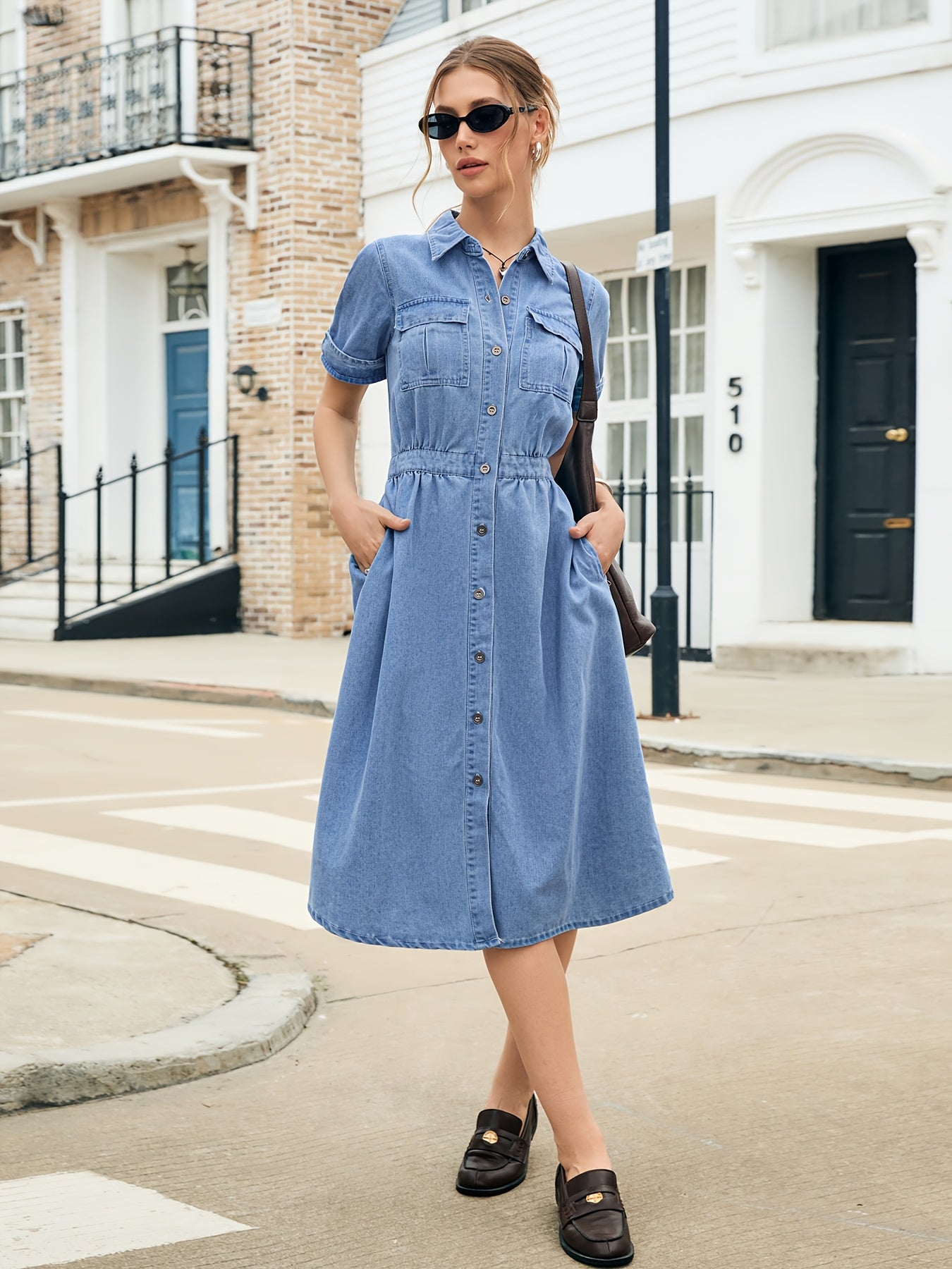 [Elegant Denim Dress] Elegant Denim Dress - Stylish Solid Color, Non-Stretch Fabric, Regular Fit with Pockets, Short Sleeve, Long Length, Spring/Summer/Fall Fashion
