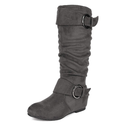 DREAM PAIRS Women's Wide Calf Knee High Boots, Fur-lined Low Hidden Wedge Boots