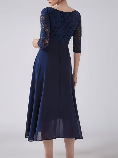 Elegant Navy Blue Lace-Trimmed Chiffon Evening Gown with Short Sleeves And Flowing Skirt, Perfect for Formal Events And Parties, Formal Evening Gown