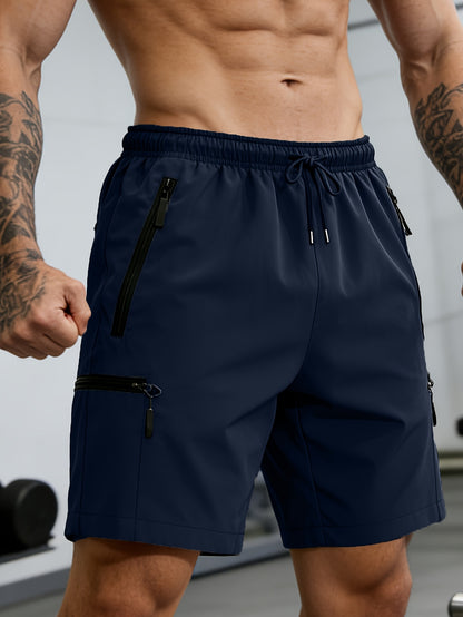 Plus Size Men'S Quick Dry Athletic Shorts, Elastic Waist Drawstring Zipper Cargo Shorts, Breathable Lightweight Multi-Pocket Casual Shorts for Gym Running Workout Outdoor Activities