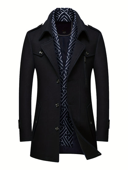 Men'S Wool Blend Coat with Detachable Soft Scarf Notched Collar Single Breasted Overcoat