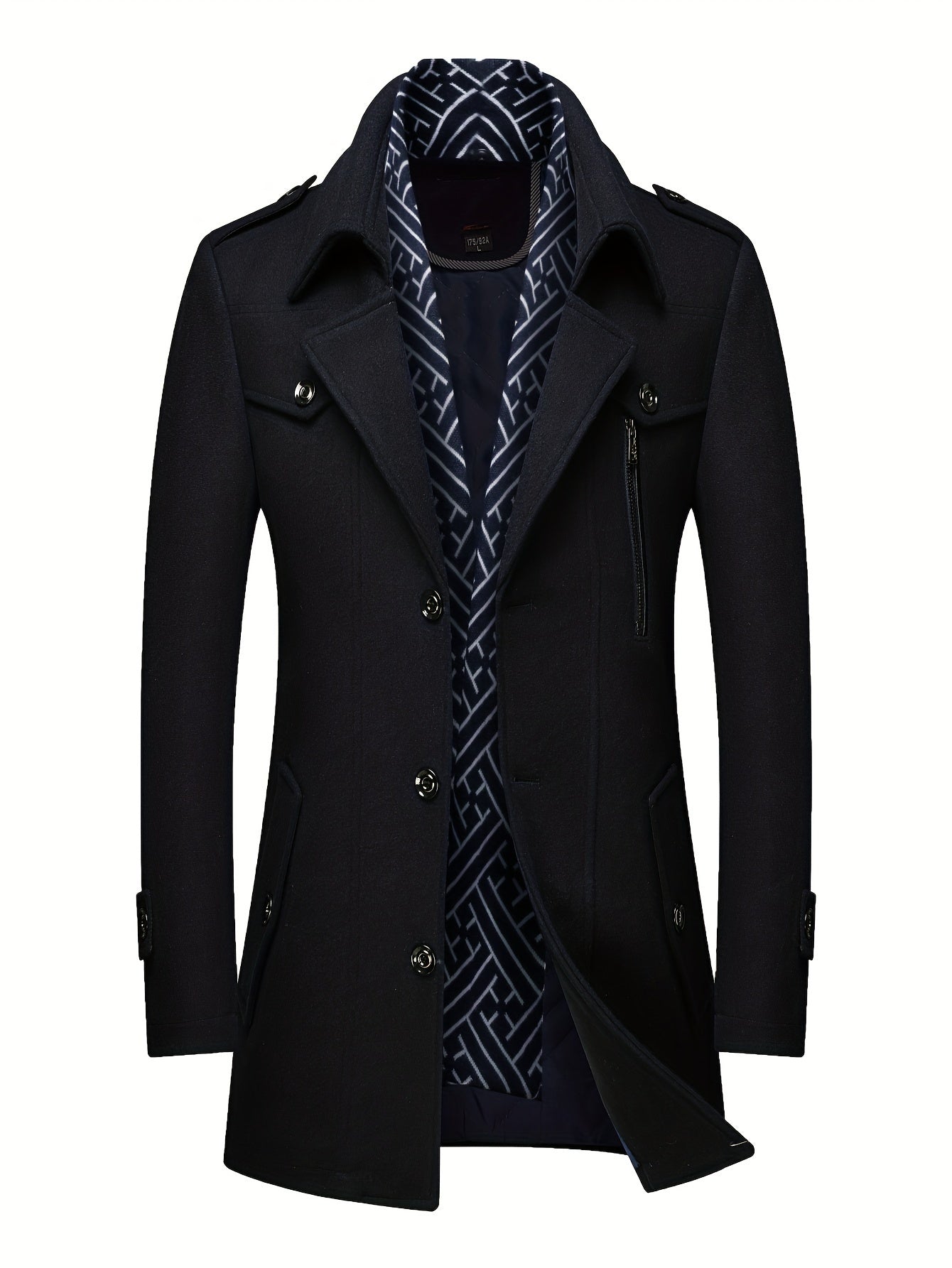 Men'S Wool Blend Coat with Detachable Soft Scarf Notched Collar Single Breasted Overcoat