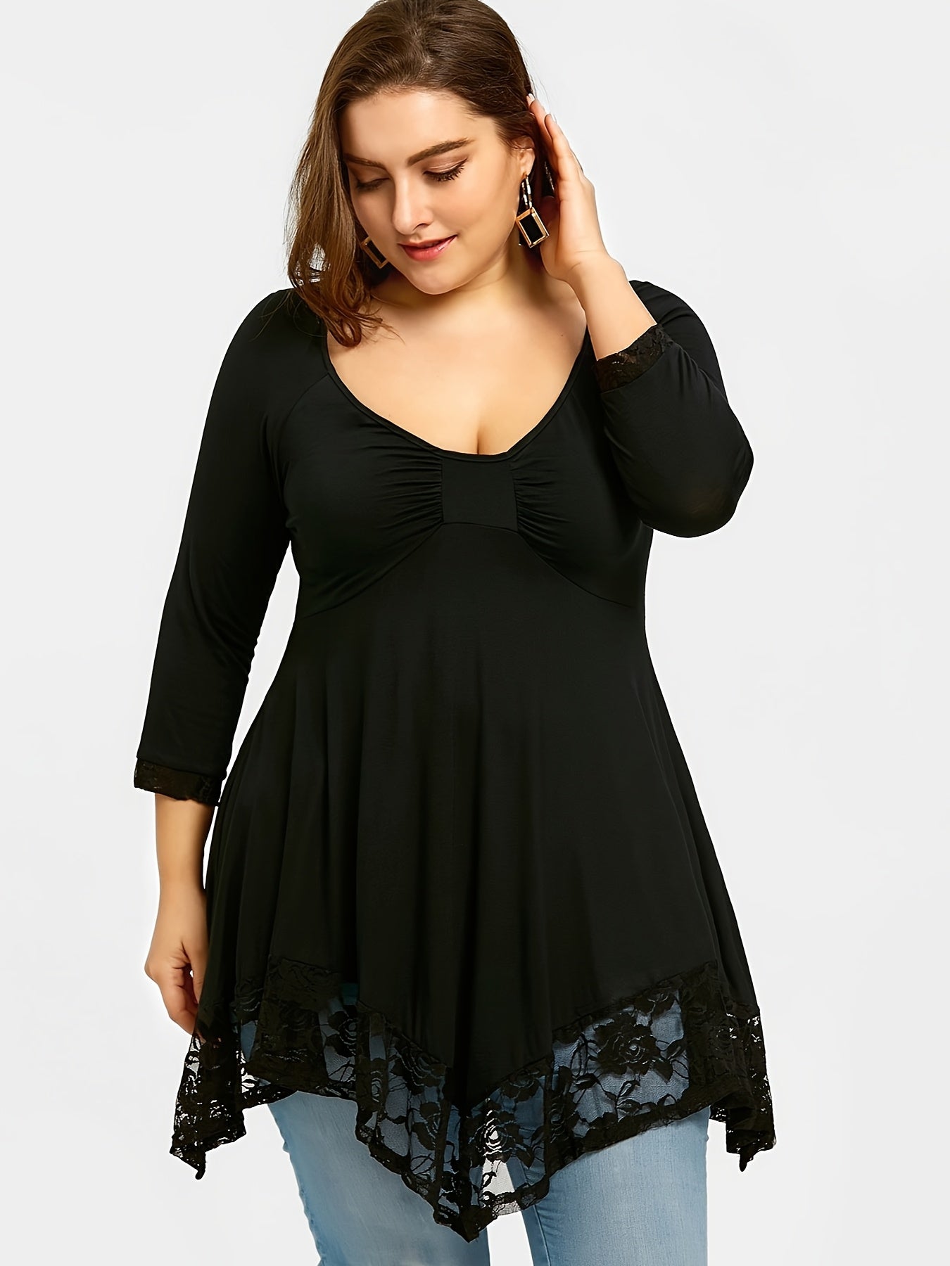 Plus Size - Plus Size - Floral Jacquard Lace Top in Plus Size - Stylish Contrast Edging, Round Neckline, Long Sleeves - Elegant Solid Tops for Curvy Women for Easy Fashion