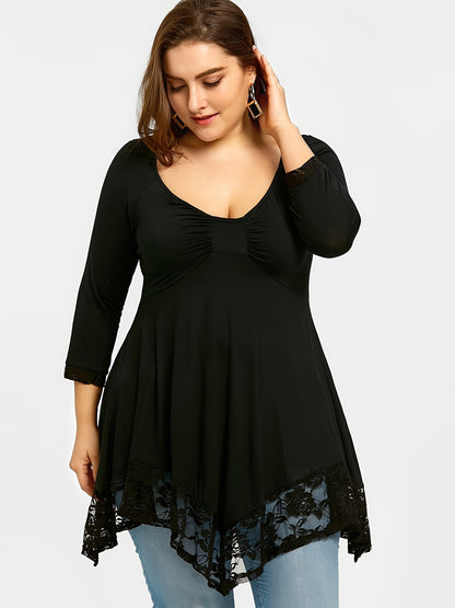Plus Size - Plus Size - Floral Jacquard Lace Top in Plus Size - Stylish Contrast Edging, Round Neckline, Long Sleeves - Elegant Solid Tops for Curvy Women for Easy Fashion