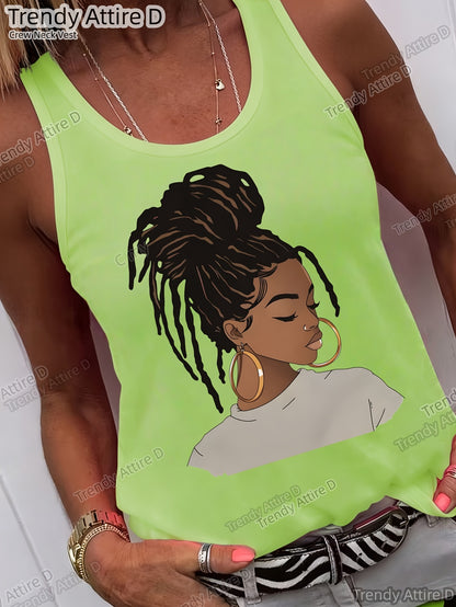 Fashionable Illustration-Style African Hairstyle Print Crew Neck Top, Casual Short-Sleeved Crew Neck Top with Loose Fit, Washable All-Season Comfort, Suitable Casual Wear Loose Fit Durable Prints, Suitable Various Holiday Gifts, Shipped from Lo