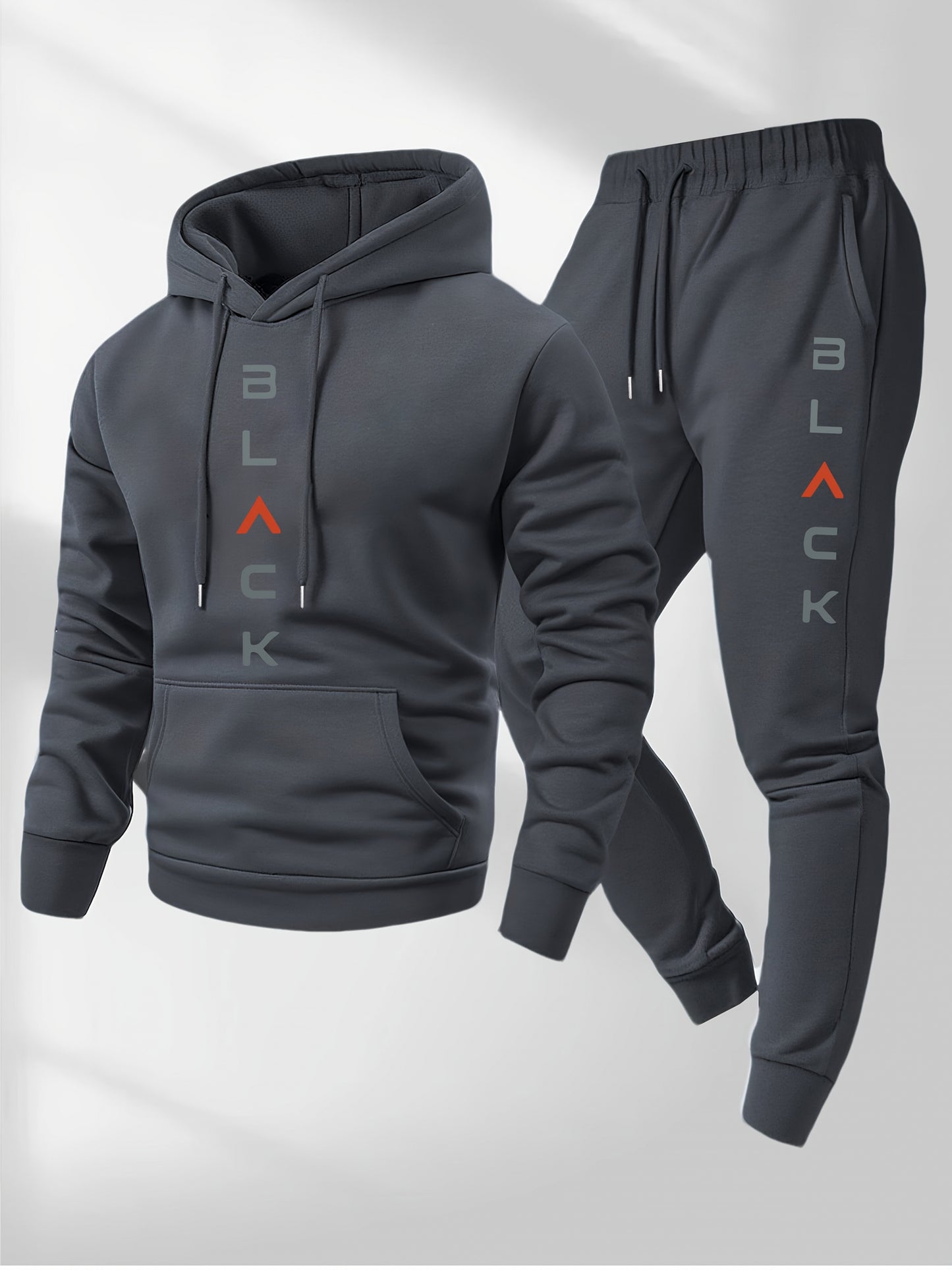 Men's Complete Outfit- Stylish Hooded Sweatshirt& Joggers Set with "BLACK" Print, Gray Casual Streetwear, Long Pants, and Matching Hoodie, Perfect for Fall/Winter, Cozy Clothing| Sporty Look| Nonstretch Fabric