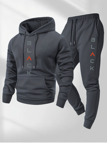 Men's Complete Outfit- Stylish Hooded Sweatshirt& Joggers Set with "BLACK" Print, Gray Casual Streetwear, Long Pants, and Matching Hoodie, Perfect for Fall/Winter, Cozy Clothing| Sporty Look| Nonstretch Fabric