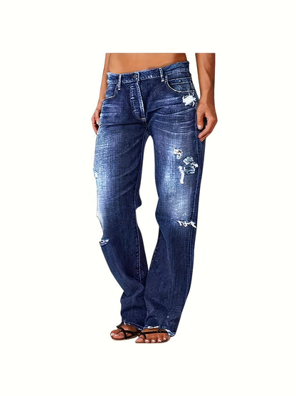 1 Women's Ripped Flare Wide Leg Slightly Stretchy Jeans - Fashion Distressed Casual Streetwear - US Size XS-XXL