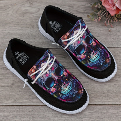 [Vibrant Canvas Sneakers] Lightweight Women's Canvas Sneakers | Colorful Skull Pattern, Soft Sole, Round Toe - Perfect for Halloween Walking Shoes, Casual Walking Shoes