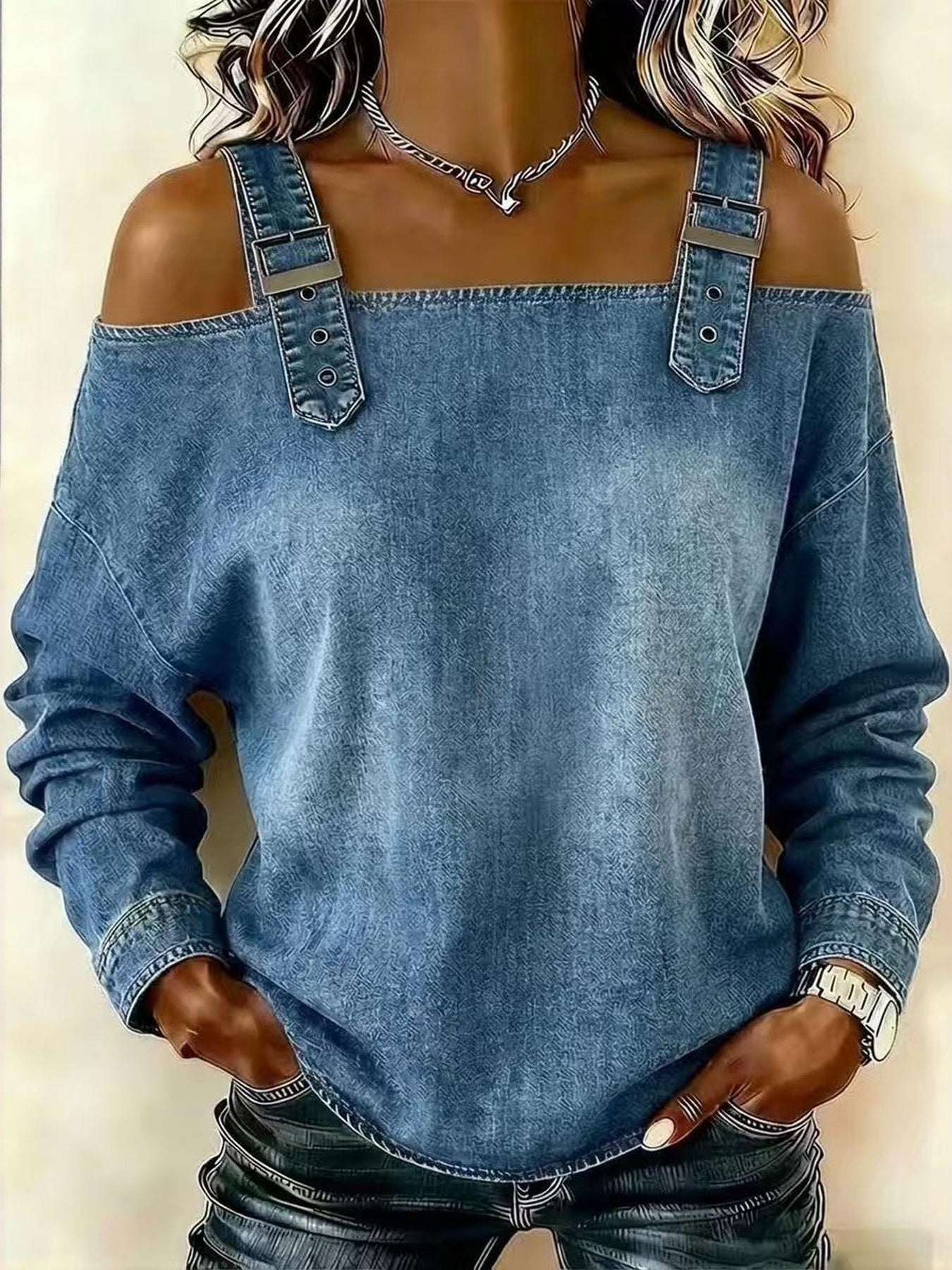 Women's Dress T-shirt with Elegant Style and Versatile Fit, Single-strap Collar, Shoulder Straps, Long-sleeved Top. Fashionable and Elegant for Women, Trendy.