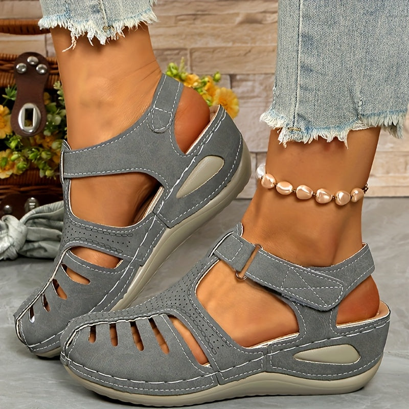 Ladies Leisure Wedge Sandals | White Synthetic Cover | Middle Heel With Round Head Hollowed Out Design | Breathable And Comfortable | Wear All Season | Easy To Buckle And Close | Durable PU Sole | Fashion Versatile Shoes And Lace-up Sandals.