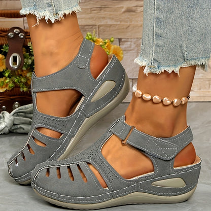 Ladies Leisure Wedge Sandals | White Synthetic Cover | Middle Heel With Round Head Hollowed Out Design | Breathable And Comfortable | Wear All Season | Easy To Buckle And Close | Durable PU Sole | Fashion Versatile Shoes And Lace-up Sandals.