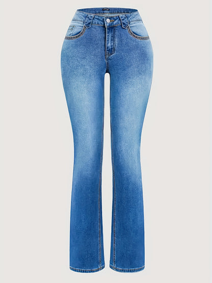 HME Women'S Classic Elegant Stretch Jeans in Solid Color with Washed End (Belt Not Included)