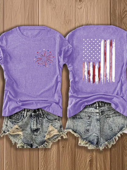 Women'S Summer Crew Neck Short Sleeve T-Shirt, Lightweight & Breathable, American Flag & Fireworks Print, Casual Street Style Top For Daily Wear & Patriotic Celebrations, Comfortable Athletic Outfit