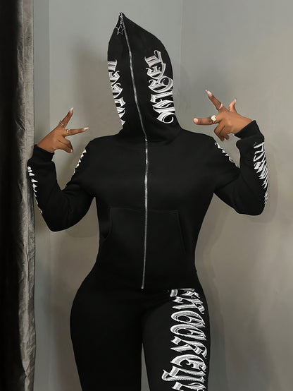 Women's Zippered Long Sleeve Hooded Fashion Set