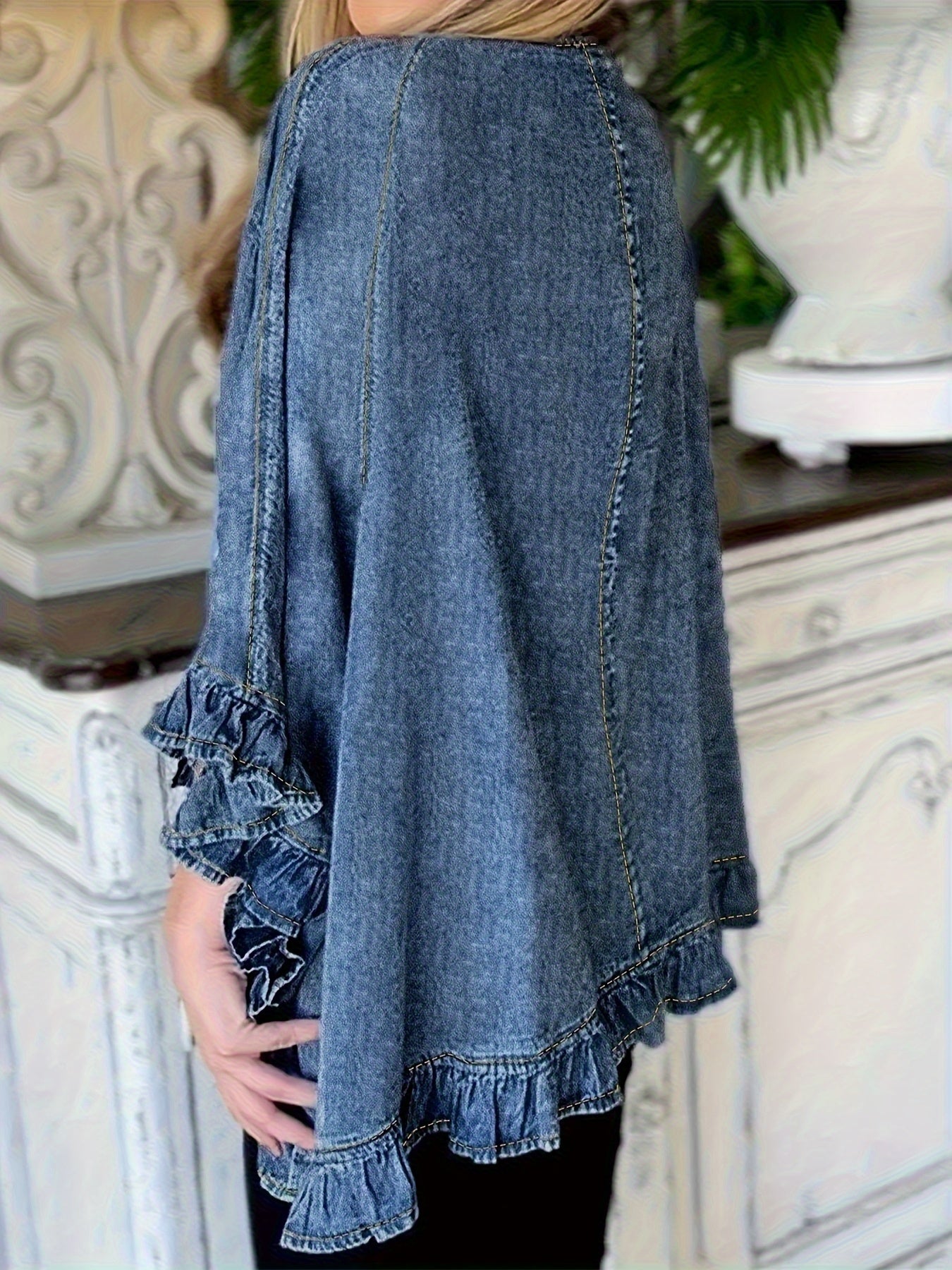Women's Vintage Light Blue Jacket - Loose Fit Non-Stretch Denim-like Coat with Ruffle Shoulder & Flared Three-Quarter Sleeves, Viscose Fiber Blend Casual Chic Outerwear for Everyday Formal Outfits - Spring/Fall Essential, Denimlike Appearance