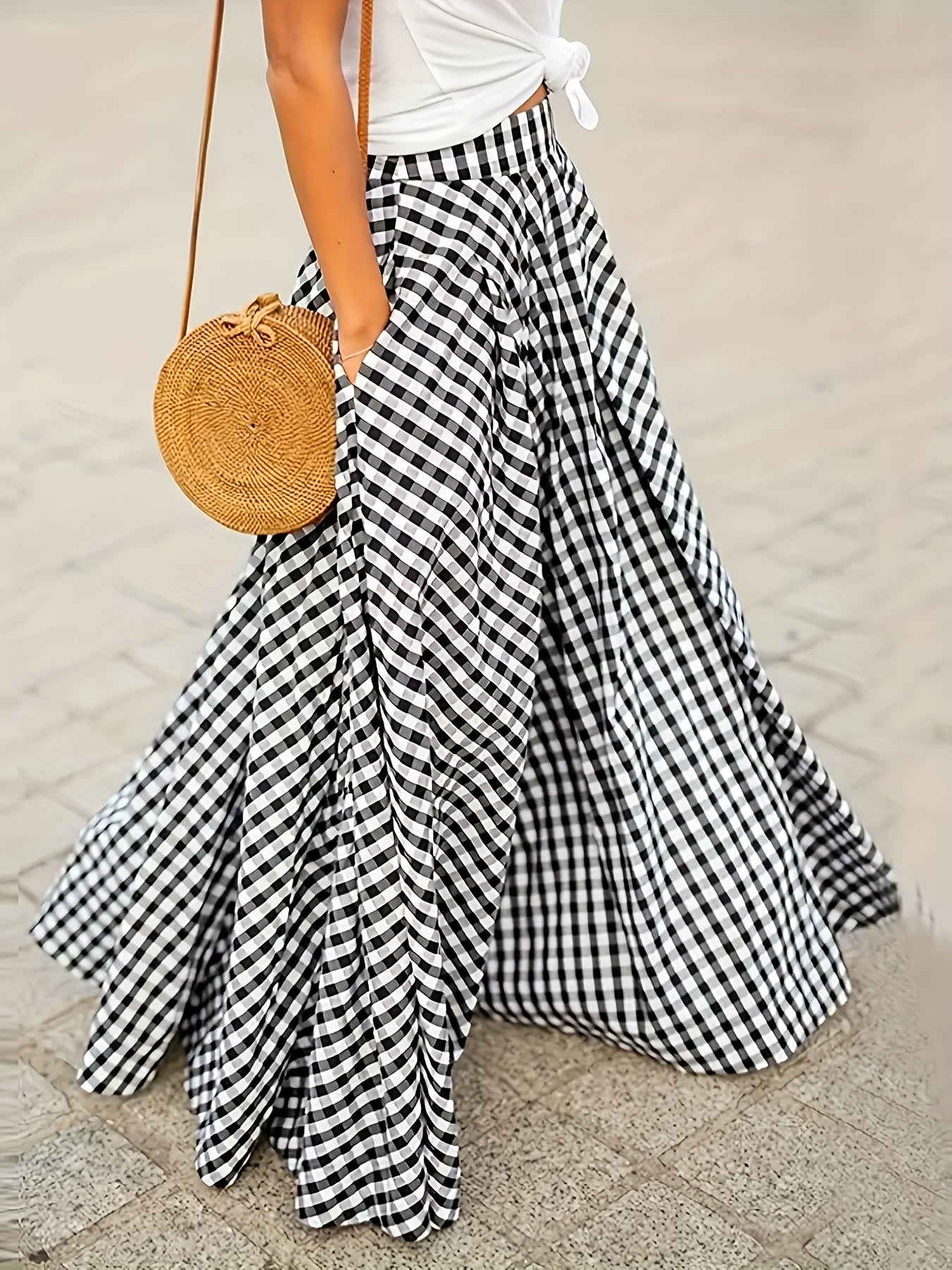 Women'S Elegant Checkered Mid-Length Skirt - High Waist, Flowing A-Line Silhouette, Opaque, Ideal for Spring And Autumn Seasons, Versatile Mid-Length Skirt | Elegant A-Line Skirt | Fashionable Texture