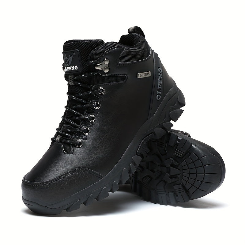 Men'S Lace Up High Top Durable Hiking Boots, Warm Plush Lining Comfy Anti-skid PU Shoes For Hiking Hunting Camping Trekking
