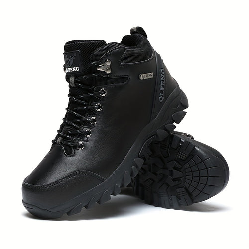 Men'S Lace Up High Top Durable Hiking Boots, Warm Plush Lining Comfy Anti-skid PU Shoes For Hiking Hunting Camping Trekking