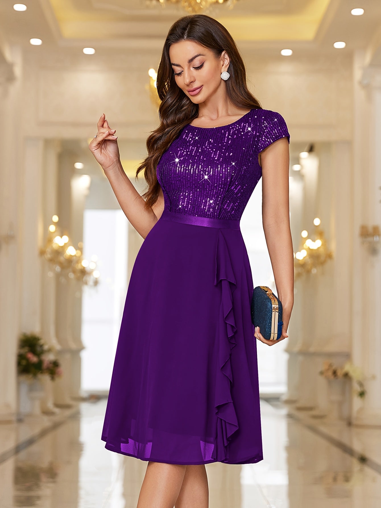 Y82016 Elegant Women's Glitter Sequin Chiffon A-Line Bridesmaid Dress with Cap Sleeves & Ruffled Hem - Sparkling Wedding Party Dress for Bridesmaids, Prom, Birthday, Formal Evening Gown - Machine Washable Chiffon