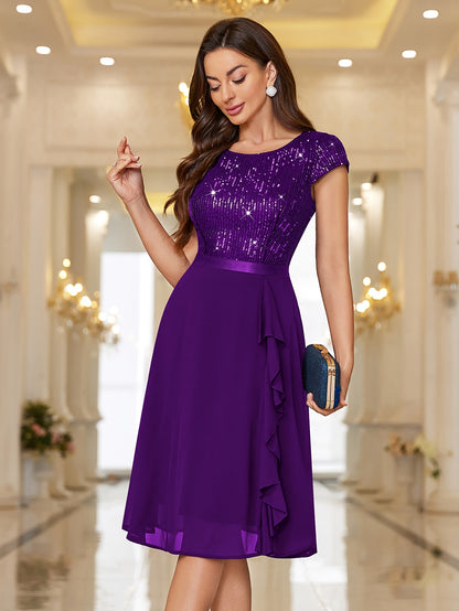 Y82016 Elegant Women's Glitter Sequin Chiffon A-Line Bridesmaid Dress with Cap Sleeves & Ruffled Hem - Sparkling Wedding Party Dress for Bridesmaids, Prom, Birthday, Formal Evening Gown - Machine Washable Chiffon