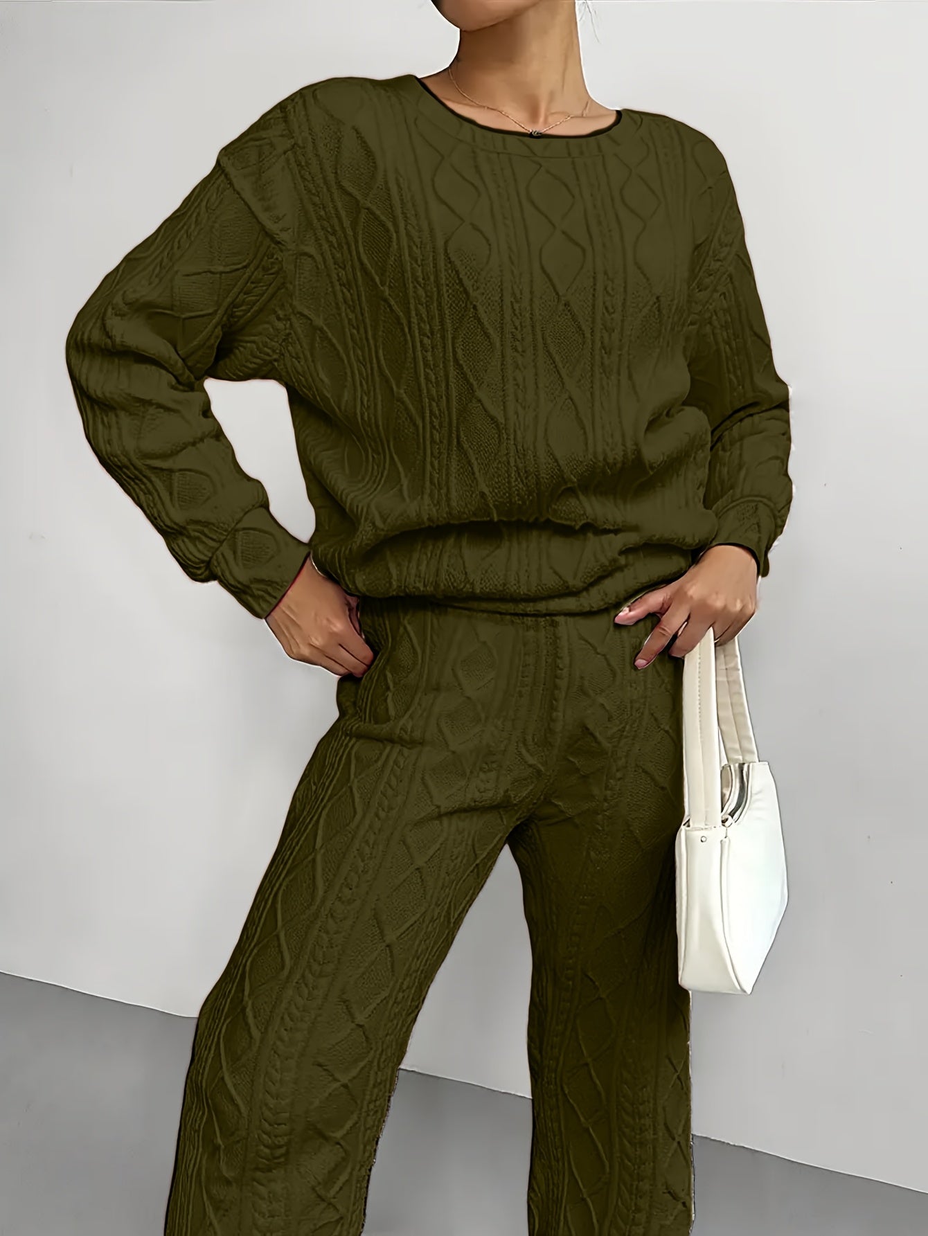 Women'S Sweatshirt Ensemble for Autumn/Winter 2025 - Featuring a Solid Color, Cable Patchwork, Long Sleeve Crew Neck Top And Cuffed Pants in a Two-Piece Outfit, Including a Pullover And Sweater, Perfect for Christmas And Fall
